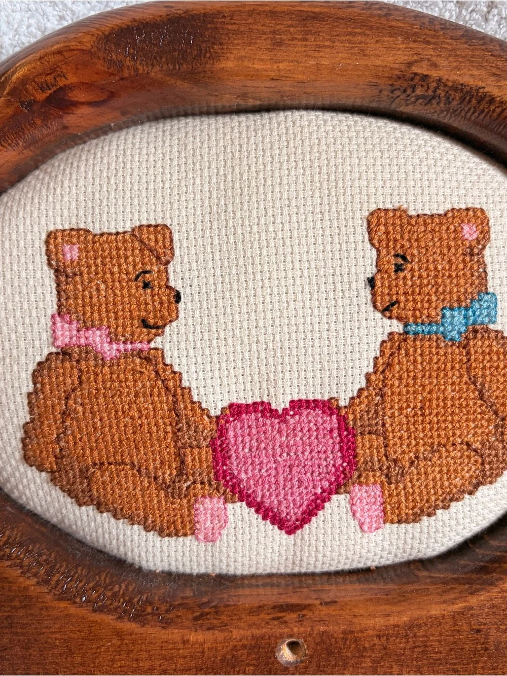 Handcrafted Brown Teddy Bears Cross-Stitch Wall Decor with Pink Heart